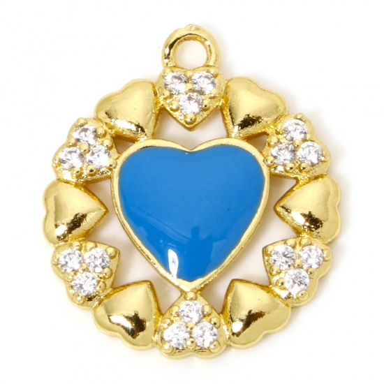 Immagine di 1 Pz Ecologico Ottone San Valentino Ciondoli Cuore 18K Oro riempito Blu Smalto Trasparente Cubic Zirconiae 21mm x 18mm