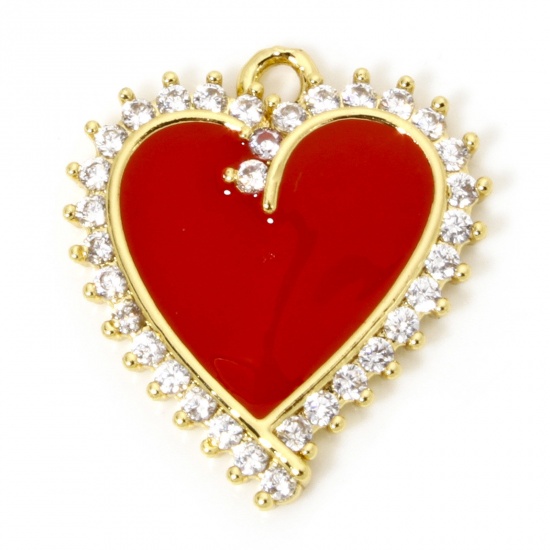 Immagine di 1 Pz Ecologico Ottone San Valentino Ciondoli Cuore 18K Oro riempito Rosso Smalto Trasparente Cubic Zirconiae 21mm x 18mm