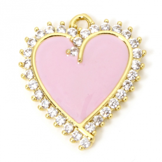 Picture of 1 Piece Eco-friendly Brass Valentine's Day Charms 18K Real Gold Plated Pink Heart Enamel Micro Pave Clear Cubic Zirconia 21mm x 18mm