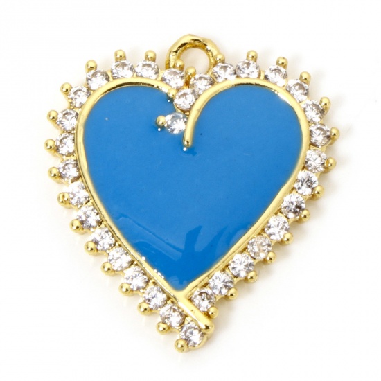 Picture of 1 Piece Eco-friendly Brass Valentine's Day Charms 18K Real Gold Plated Blue Heart Enamel Micro Pave Clear Cubic Zirconia 21mm x 18mm