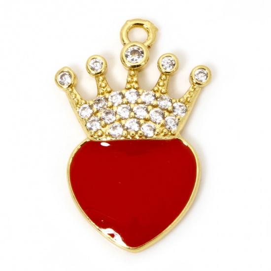 Picture of 1 Piece Eco-friendly Brass Valentine's Day Charms 18K Real Gold Plated Red Heart Crown Enamel Micro Pave Clear Cubic Zirconia 24mm x 16mm