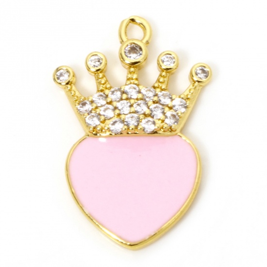 Picture of 1 Piece Eco-friendly Brass Valentine's Day Charms 18K Real Gold Plated Pink Heart Crown Enamel Micro Pave Clear Cubic Zirconia 24mm x 16mm