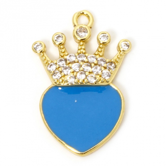 Picture of 1 Piece Eco-friendly Brass Valentine's Day Charms 18K Real Gold Plated Blue Heart Crown Enamel Micro Pave Clear Cubic Zirconia 24mm x 16mm