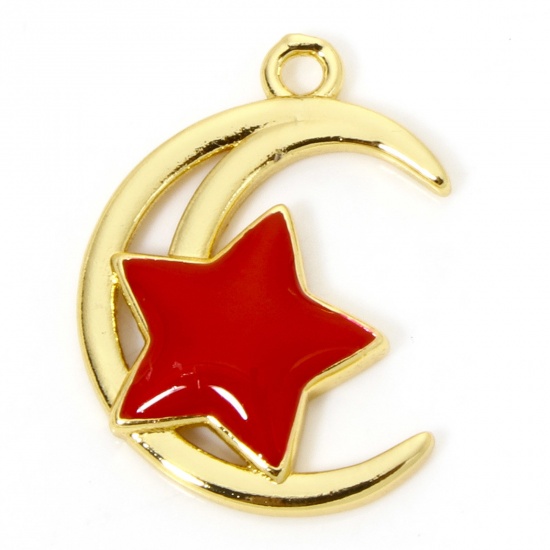 Picture of 1 Piece Eco-friendly Brass Galaxy Charms 18K Real Gold Plated Red Half Moon Star Enamel 23mm x 17mm