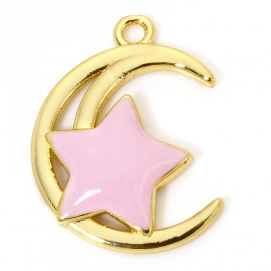 Picture of 1 Piece Eco-friendly Brass Galaxy Charms 18K Real Gold Plated Pink Half Moon Star Enamel 23mm x 17mm