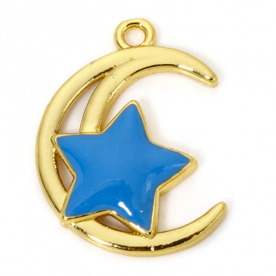Picture of 1 Piece Eco-friendly Brass Galaxy Charms 18K Real Gold Plated Blue Half Moon Star Enamel 23mm x 17mm