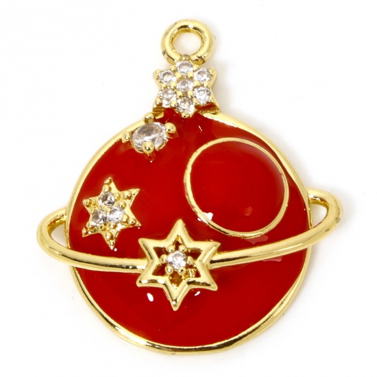 Picture of 1 Piece Eco-friendly Brass Galaxy Charms 18K Real Gold Plated Red Planet Star Enamel Micro Pave 24mm x 21mm