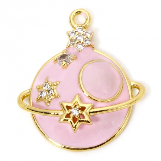 Picture of 1 Piece Eco-friendly Brass Galaxy Charms 18K Real Gold Plated Pink Planet Star Enamel Micro Pave 24mm x 21mm