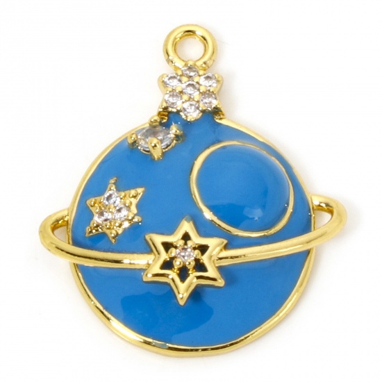 Picture of 1 Piece Eco-friendly Brass Galaxy Charms 18K Real Gold Plated Blue Planet Star Enamel Micro Pave 24mm x 21mm