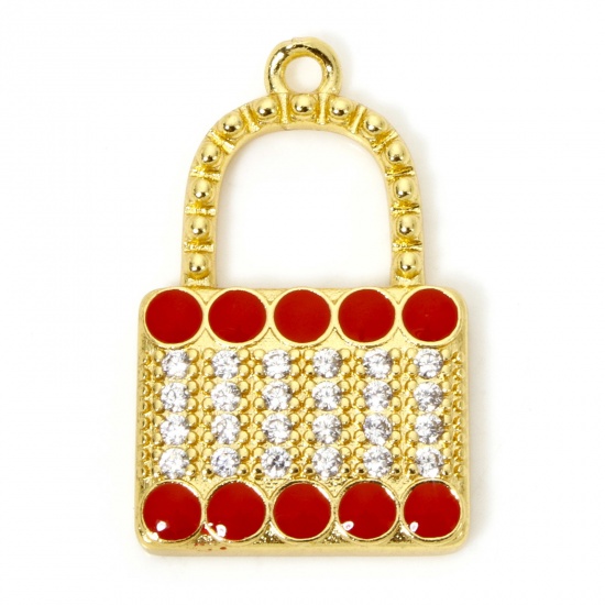 Picture of 1 Piece Eco-friendly Brass Clothes Charms 18K Real Gold Plated Red Handbag Enamel Micro Pave Clear Cubic Zirconia 27mm x 17mm