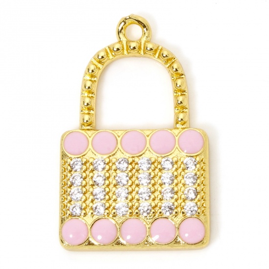 Picture of 1 Piece Eco-friendly Brass Clothes Charms 18K Real Gold Plated Pink Handbag Enamel Micro Pave Clear Cubic Zirconia 27mm x 17mm