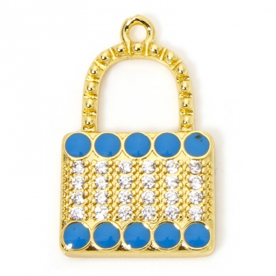 Picture of 1 Piece Eco-friendly Brass Clothes Charms 18K Real Gold Plated Blue Handbag Enamel Micro Pave Clear Cubic Zirconia 27mm x 17mm