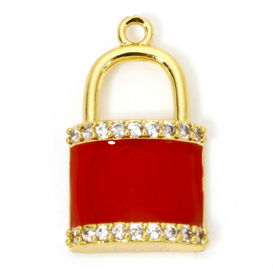 Picture of 1 Piece Eco-friendly Brass Micro Pave Charms 18K Real Gold Plated Red Lock Enamel Micro Pave Clear Cubic Zirconia 23mm x 14mm