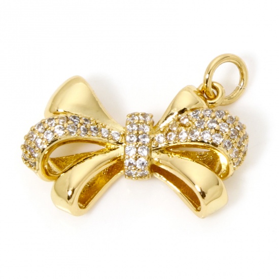 Image de 1 Pièce Breloques Vêtements en Laiton Respectueux de la Nature Nœuds Papillon Plaqué Or Véritable 18K Micro Pave à Zircone Cubique Clair 21mm x 16mm