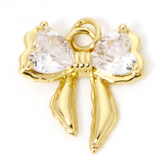 Image de 1 Pièce Breloques Vêtements en Laiton Respectueux de la Nature Nœuds Papillon Plaqué Or Véritable 18K à Zircone Cubique Clair 20mm x 17mm