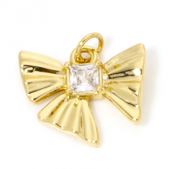 Image de 1 Pièce Breloques Vêtements en Laiton Respectueux de la Nature Nœuds Papillon Plaqué Or Véritable 18K Texture à Zircone Cubique Clair 19mm x 18mm