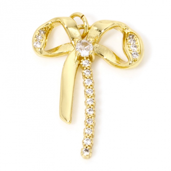 Image de 1 Pièce Breloques Vêtements en Laiton Respectueux de la Nature Nœuds Papillon Plaqué Or Véritable 18K Micro Pave à Zircone Cubique Clair 29mm x 20mm