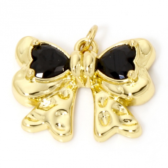 Image de 1 Pièce Breloques Vêtements en Laiton Respectueux de la Nature Nœuds Papillon Plaqué Or Véritable 18K à Zircone Cubique Noir 22.5mm x 21mm
