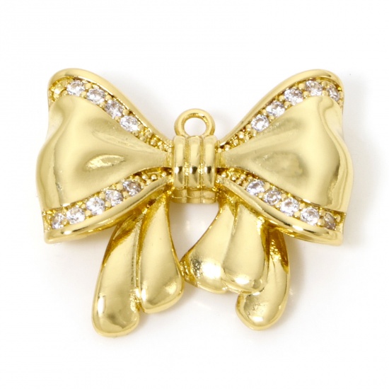 Image de 1 Pièce Breloques Vêtements en Laiton Respectueux de la Nature Nœuds Papillon Plaqué Or Véritable 18K Micro Pave à Zircone Cubique Clair 25mm x 22mm
