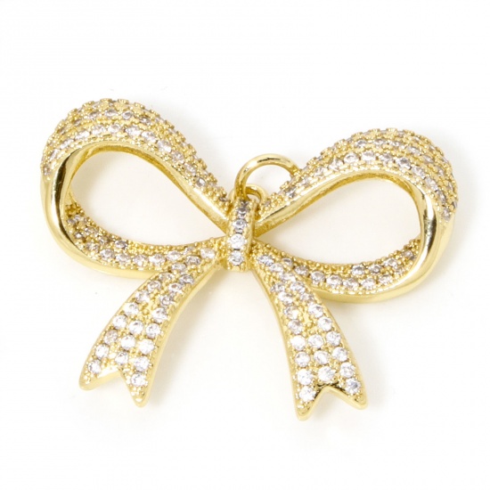 Image de 1 Pièce Breloques Vêtements en Laiton Respectueux de la Nature Nœuds Papillon Plaqué Or Véritable 18K Micro Pave à Zircone Cubique Clair 30mm x 23mm