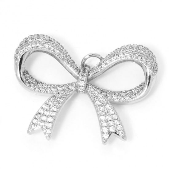 Image de 1 Pièce Breloques Vêtements en Laiton Respectueux de la Nature Nœuds Papillon Plaqué Platine Véritable Micro Pave à Zircone Cubique Clair 30mm x 23mm