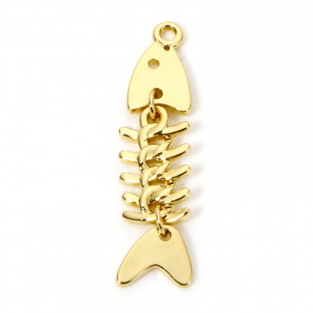 Picture of 1 Piece Eco-friendly Brass Ocean Jewelry Pendants 18K Real Gold Plated Fish Bone Movable 4.7cm x 1.1cm