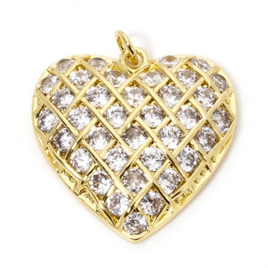 Picture of 1 Piece Eco-friendly Brass Valentine's Day Charms 18K Real Gold Plated Heart Micro Pave Clear Cubic Zirconia 29.5mm x 25.5mm