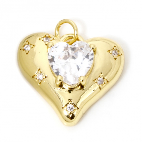 Picture of 1 Piece Eco-friendly Brass Valentine's Day Charms 18K Real Gold Plated Heart Star Micro Pave Clear Cubic Zirconia 21mm x 19mm