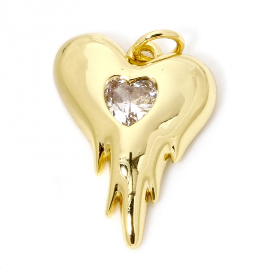 Picture of 1 Piece Eco-friendly Brass Valentine's Day Charms 18K Real Gold Plated Heart Clear Cubic Zirconia 24mm x 16mm