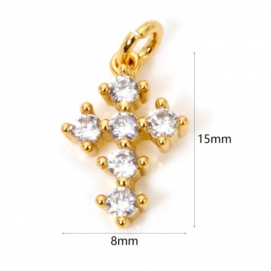 Picture of 1 Piece Eco-friendly Brass Religious Charm Pendant 18K Real Gold Plated Cross Clear Cubic Zirconia 15mm x 8mm