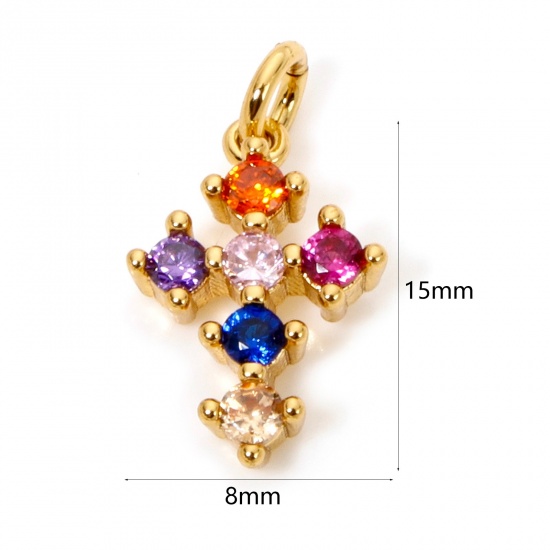 Picture of 1 Piece Eco-friendly Brass Religious Charm Pendant 18K Real Gold Plated Cross Multicolour Cubic Zirconia 15mm x 8mm