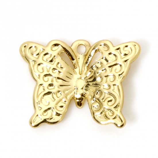 Picture of 5 PCs Eco-friendly Brass Insect Charms 18K Real Gold Plated Butterfly Animal Carved Pattern 12mm x 9mm