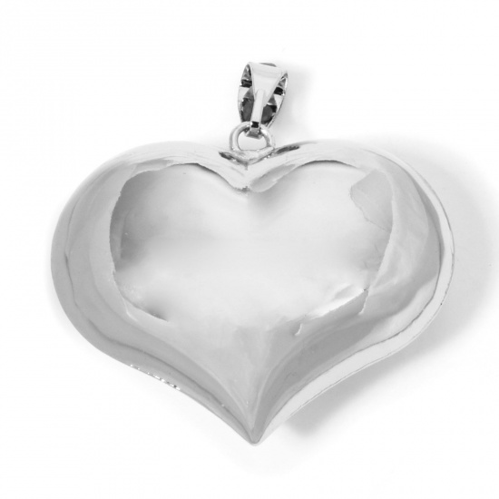 Picture of 1 Piece Eco-friendly Brass Valentine's Day Charm Pendant Real Platinum Plated Heart 3D 17mm x 15mm