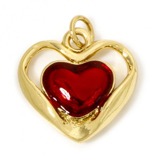 Immagine di 1 Pz Ecologico Ottone San Valentino Ciondoli Cuore 18K Vero Oro Placcato Rosso Smalto 20mm x 17mm