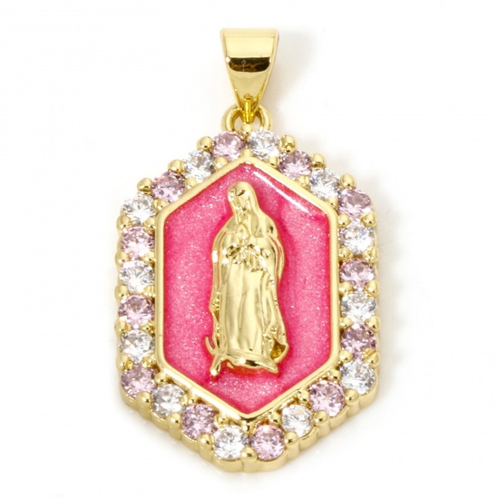 Picture of 1 Piece Eco-friendly Brass Religious Pendants 18K Real Gold Plated Pink Pearlized Hexagon Virgin Mary Enamel Clear Pink Cubic Zirconia 3cm x 1.7cm