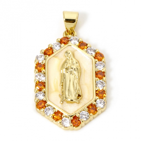 Picture of 1 Piece Eco-friendly Brass Religious Pendants 18K Real Gold Plated Beige Pearlized Hexagon Virgin Mary Enamel Clear Orange Cubic Zirconia 3cm x 1.7cm