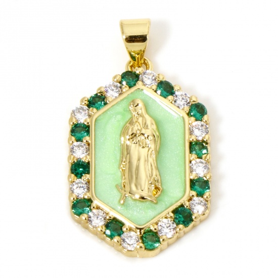 Picture of 1 Piece Eco-friendly Brass Religious Pendants 18K Real Gold Plated Green Pearlized Hexagon Virgin Mary Enamel Clear Green Cubic Zirconia 3cm x 1.7cm