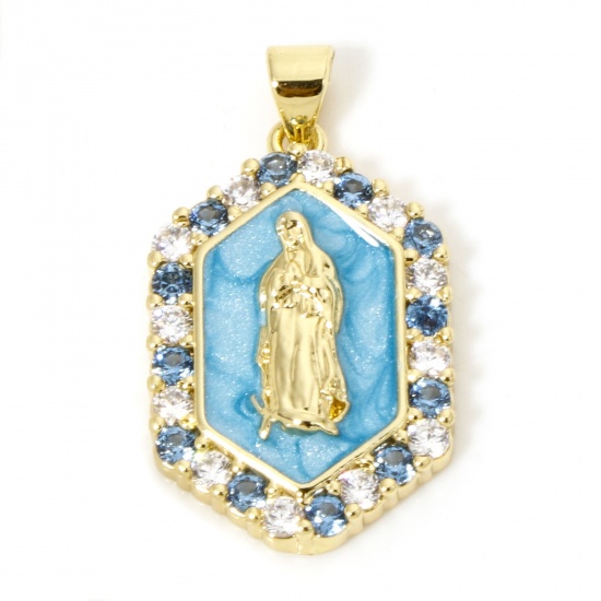 Picture of 1 Piece Eco-friendly Brass Religious Pendants 18K Real Gold Plated Blue Pearlized Hexagon Virgin Mary Enamel Clear Blue Cubic Zirconia 3cm x 1.7cm