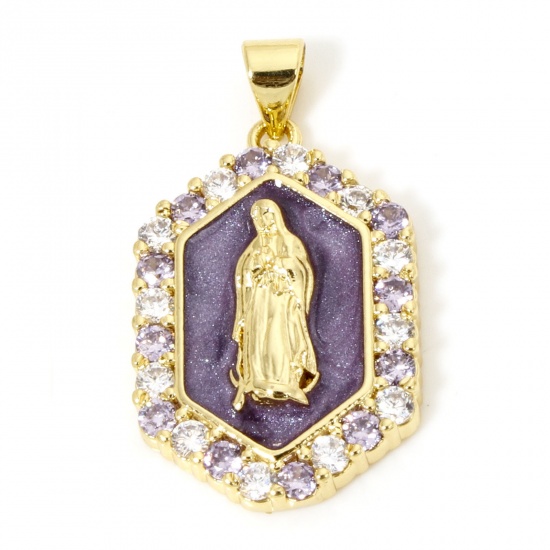 Picture of 1 Piece Eco-friendly Brass Religious Pendants 18K Real Gold Plated Purple Pearlized Hexagon Virgin Mary Enamel Clear Purple Cubic Zirconia 3cm x 1.7cm