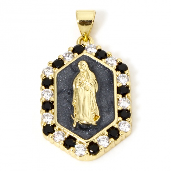 Picture of 1 Piece Eco-friendly Brass Religious Pendants 18K Real Gold Plated Black Pearlized Hexagon Virgin Mary Enamel Clear & Black Cubic Zirconia 3cm x 1.7cm