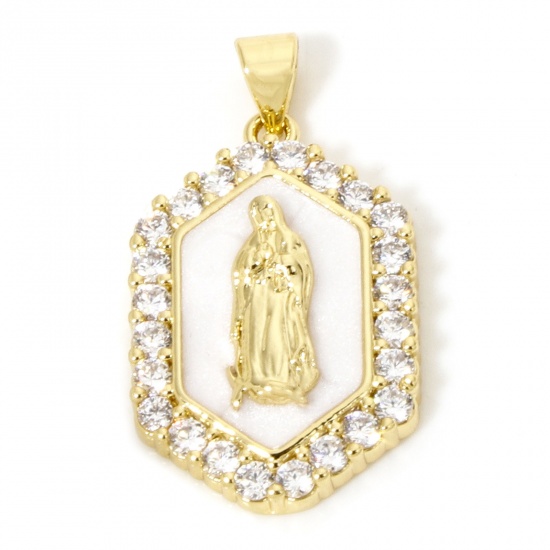 Picture of 1 Piece Eco-friendly Brass Religious Pendants 18K Real Gold Plated White Pearlized Hexagon Virgin Mary Enamel Clear Cubic Zirconia 3cm x 1.7cm