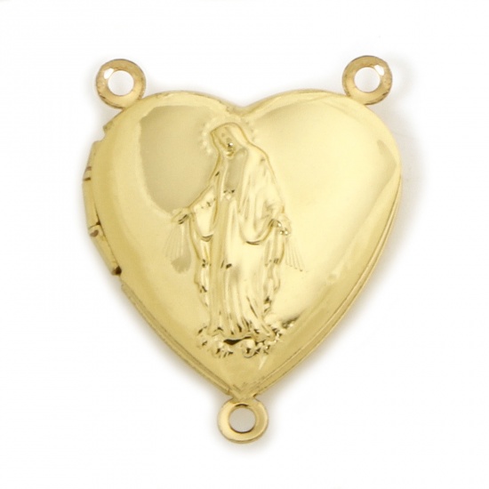 Picture of 1 Piece Eco-friendly Brass Connectors Charms Pendants 18K Real Gold Plated Heart Jesus Can Open Photo Box 25mm x 19mm