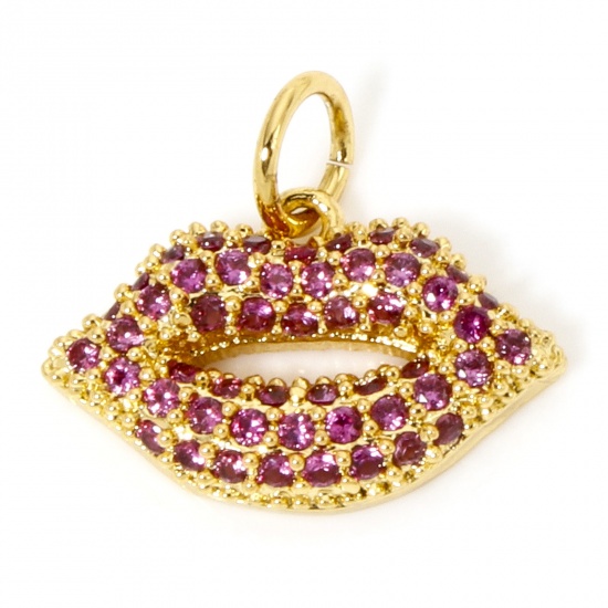 Immagine di 1 Piece Eco-friendly Brass Micro Pave Charms 18K Real Gold Plated Lip Fuchsia Cubic Zirconia 15mm x 14mm