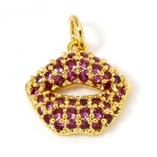 Immagine di 1 Piece Eco-friendly Brass Micro Pave Charms 18K Real Gold Plated Lip Fuchsia Cubic Zirconia 14mm x 11mm