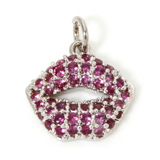 Immagine di 1 Piece Eco-friendly Brass Micro Pave Charms Real Platinum Plated Lip Fuchsia Cubic Zirconia 14mm x 11mm