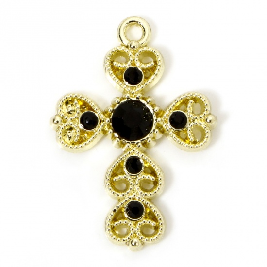 Image de 5 Pcs Breloques Halloween en Alliage de Zinc Doré Croix Cœur à Strass Noir Creux 29mm x 20mm