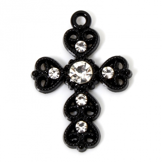 Image de 5 Pcs Breloques Halloween en Alliage de Zinc Noir Croix Cœur à Strass Transparent Creux 29mm x 20mm