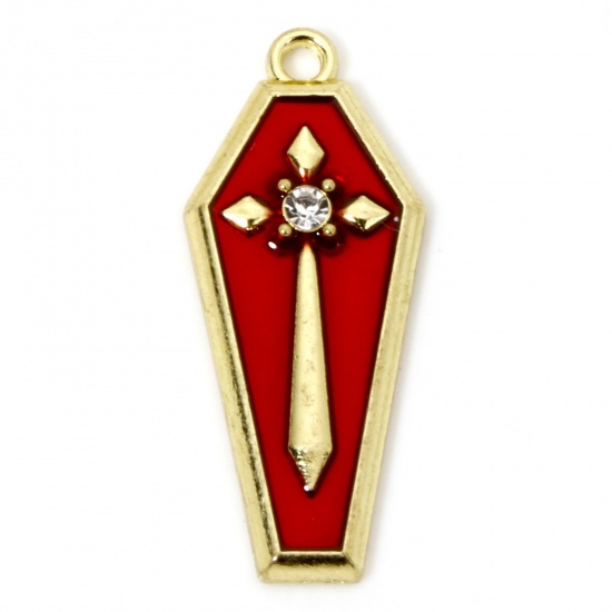 Image de 10 Pcs Pendentifs Halloween en Alliage de Zinc Doré Rouge Cercueil Croix à Strass Transparent Émail 3.1cm x 1.3cm