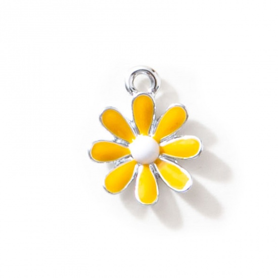 Picture of 10 PCs Zinc Based Alloy Charms Silver Tone Yellow Daisy Flower Enamel 17.5mm x 14mm