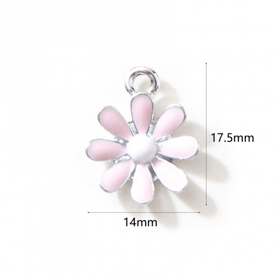 Picture of 10 PCs Zinc Based Alloy Charms Silver Tone Pink Daisy Flower Enamel 17.5mm x 14mm